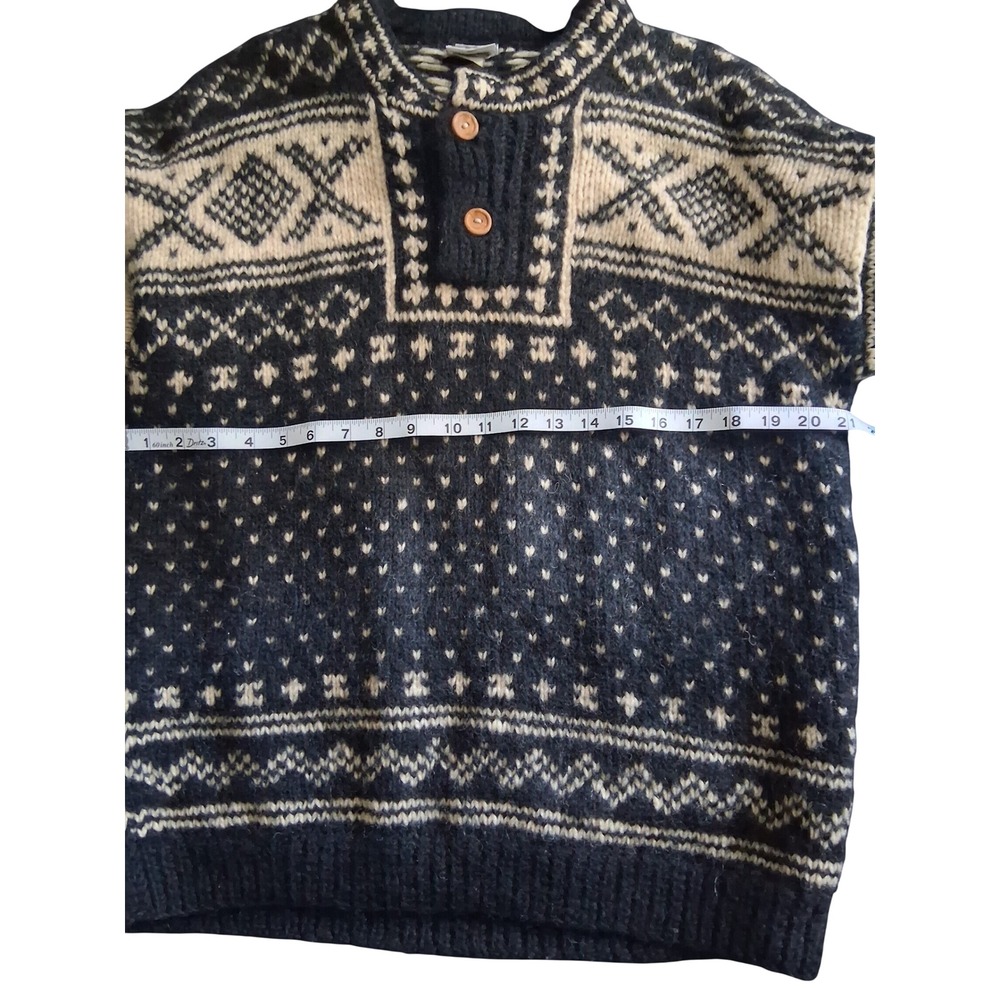 Yeti Mens 100% Wool Sweater Black Cream Fair Isle Henley Knit Made in Nepal M - Picture 7 of 7